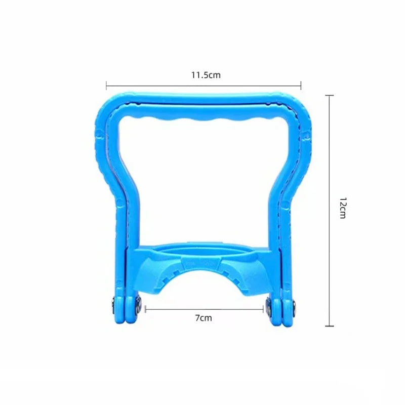 Blue ergonomic handle for a water bucket or bottle carrier, measuring 11.5cm wide and 7cm long.