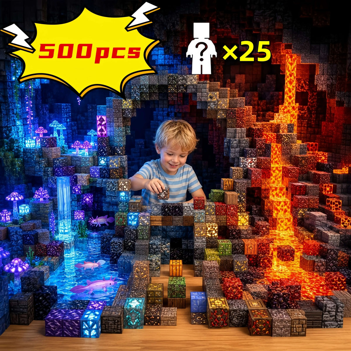 A set of 500 magnetic building blocks in various colors and textures arranged to form a forest and house scene.
