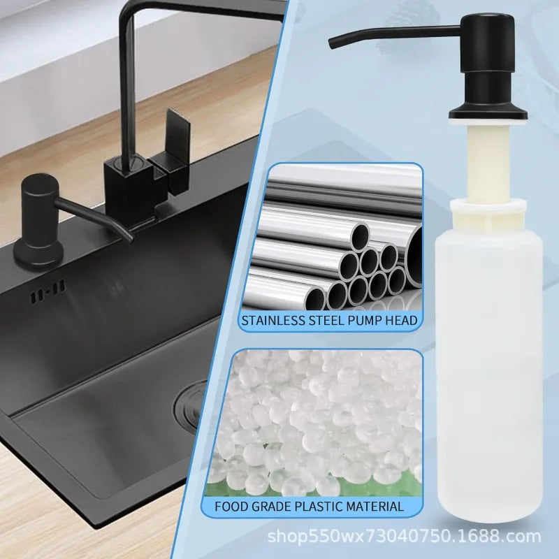 A black stainless steel pump head dispenser with a white liquid bottle and food grade plastic material.