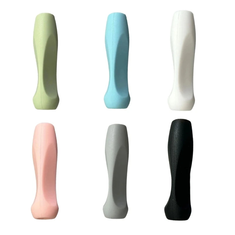 A set of five soft silicone pen grip sleeves in various pastel and dark colors.