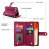 A magenta phone wallet with card slots, magnetic buttons, zipper pockets, and a card buckle.
