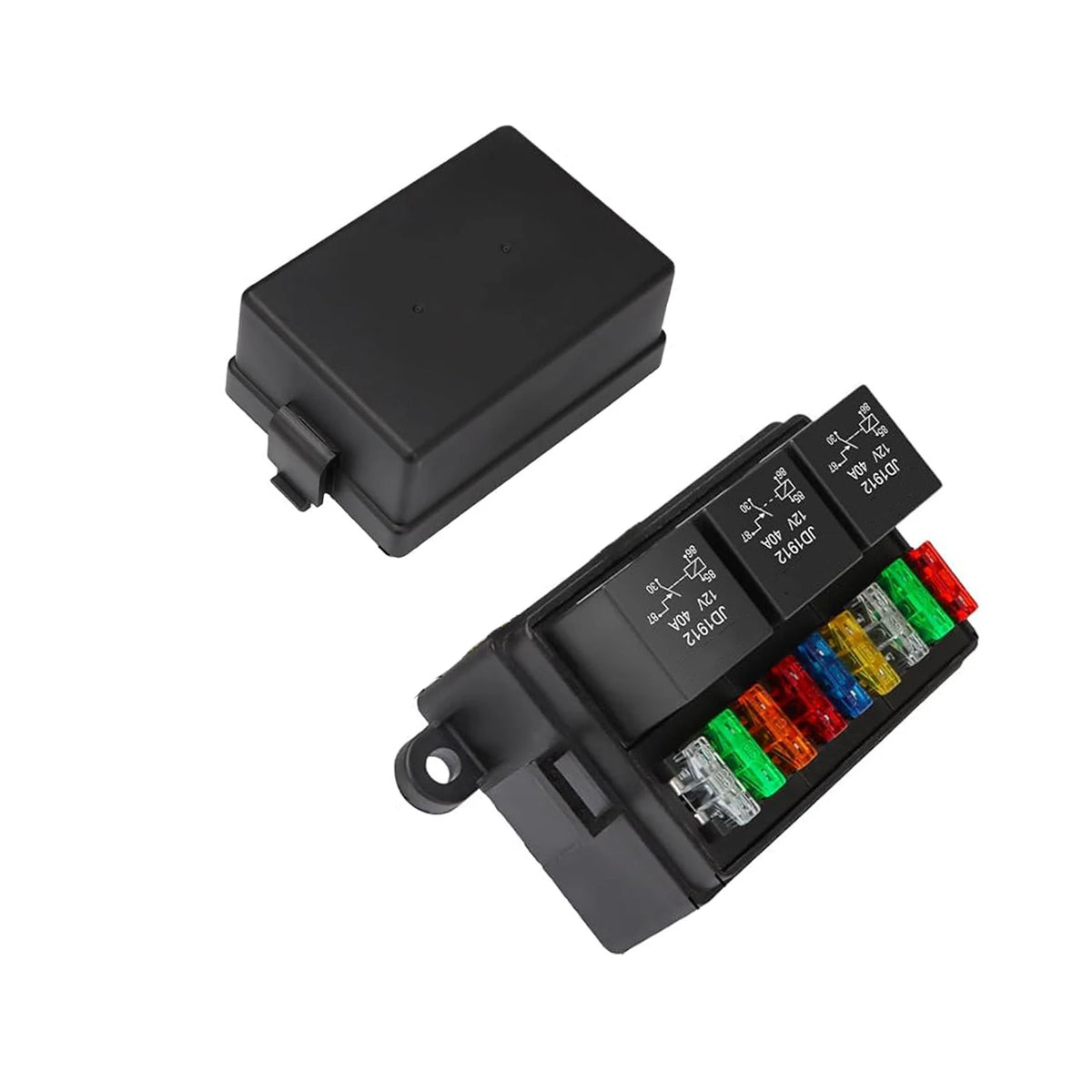 Black waterproof relay and fuse box with ATC/ATO blade holder