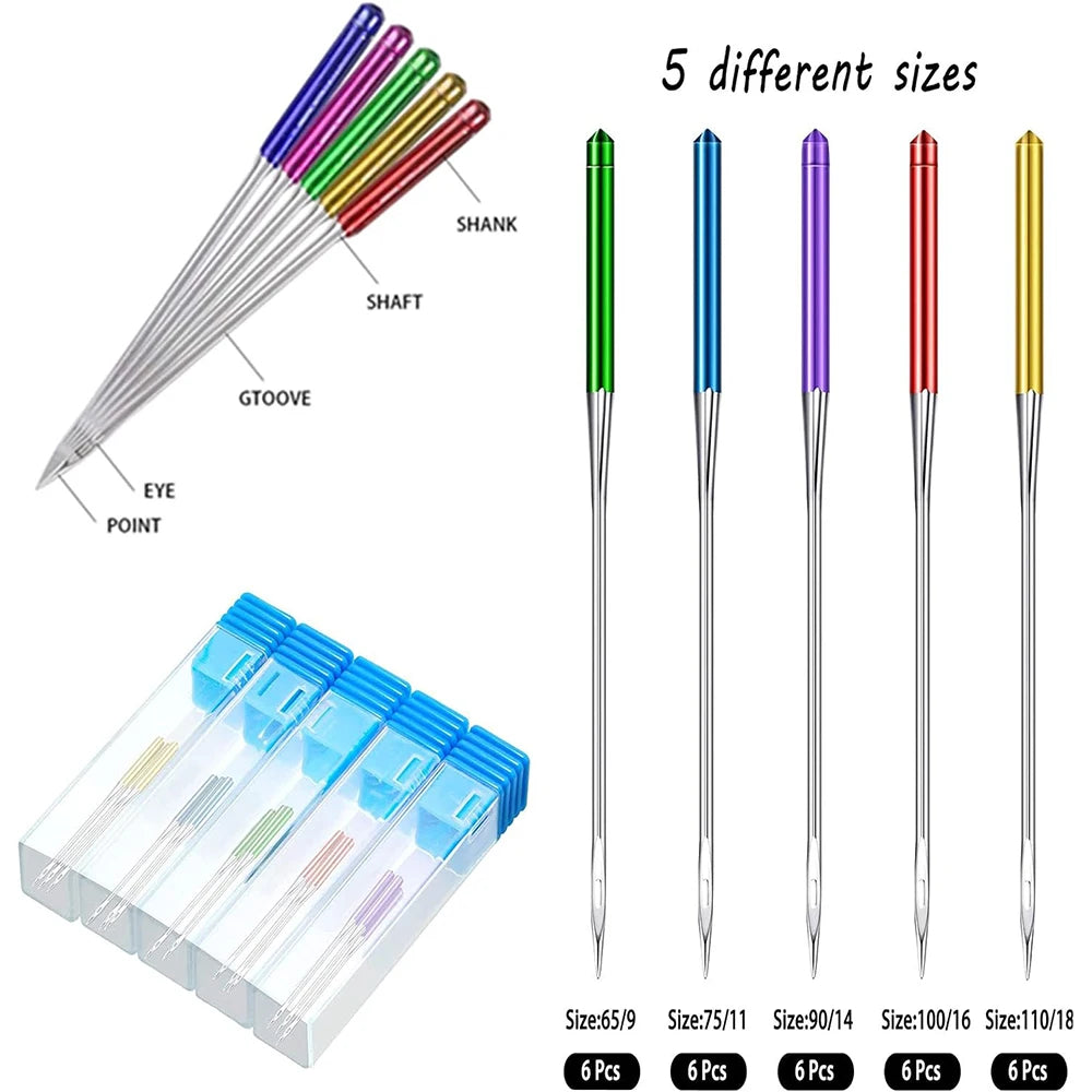 A set of five different sized sewing machine needles shown with various shafts and points.