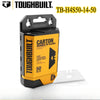 A black carton containing 50 rounded-tip utility knife blades and a dispenser for ToughBuilt brand.