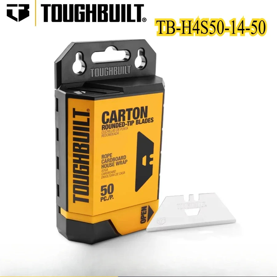 A black carton containing 50 rounded-tip utility knife blades and a dispenser for ToughBuilt brand.