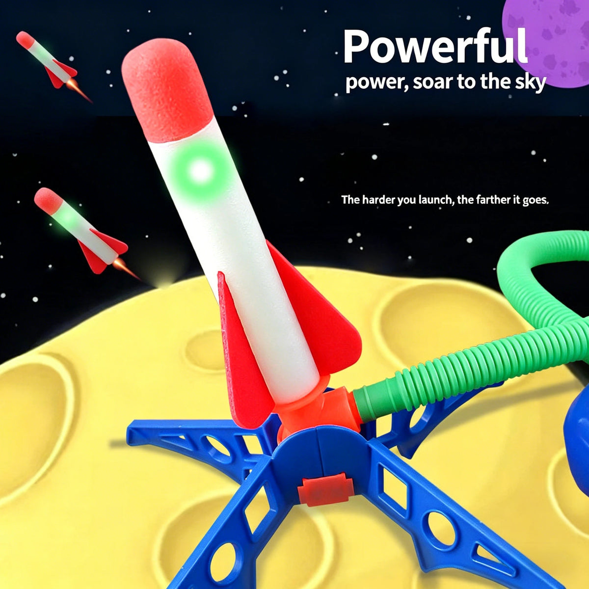 A red and white stomp rocket launcher is shown launching a glowing green foam tip into the air against a dark background.