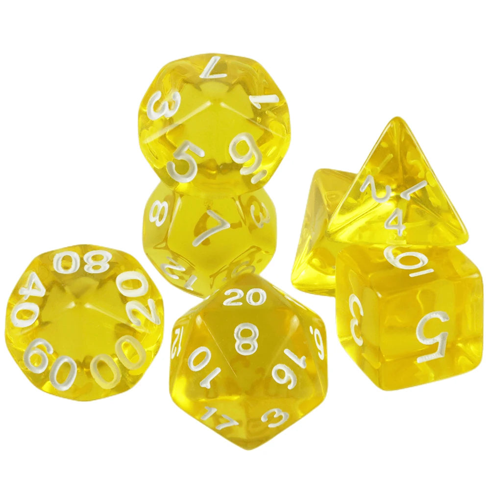 A set of seven transparent yellow polyhedral dice used for tabletop role-playing games