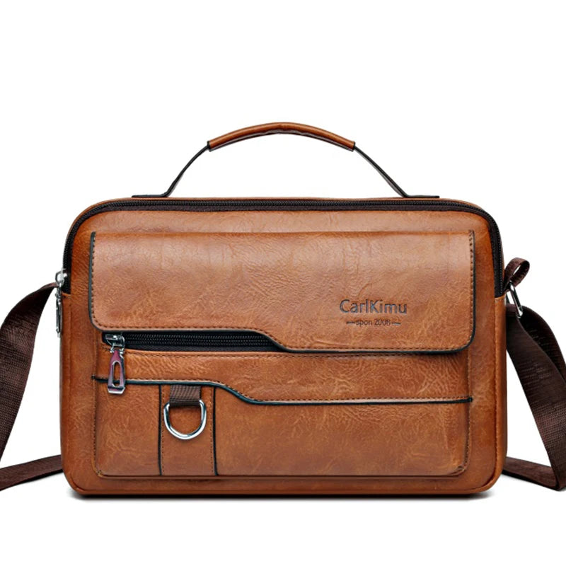 A brown retro faux leather crossbody bag with a leather handle and zipper pocket.