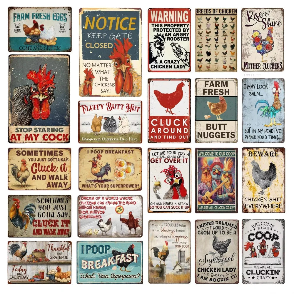 Retro Funny Chicken Farm Metal Sign for Kitchen and Coop