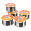Several spools of solder core wire in various sizes and thicknesses are displayed on a white background.
