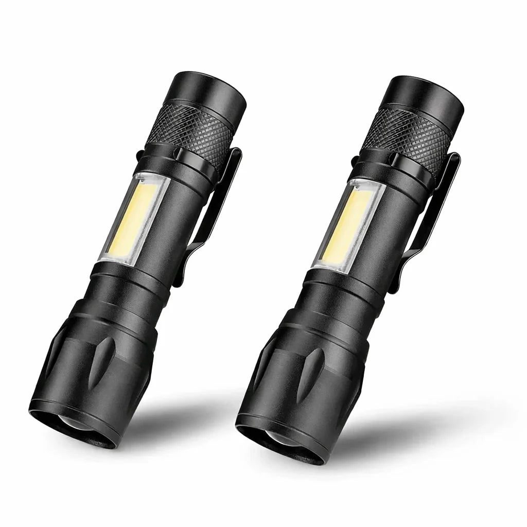 A black P50 Tactical LED flashlight with a clear lens and zoom feature, shown from the side.