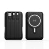 Black magnetic wireless power bank with multiple charging ports and a circular button.
