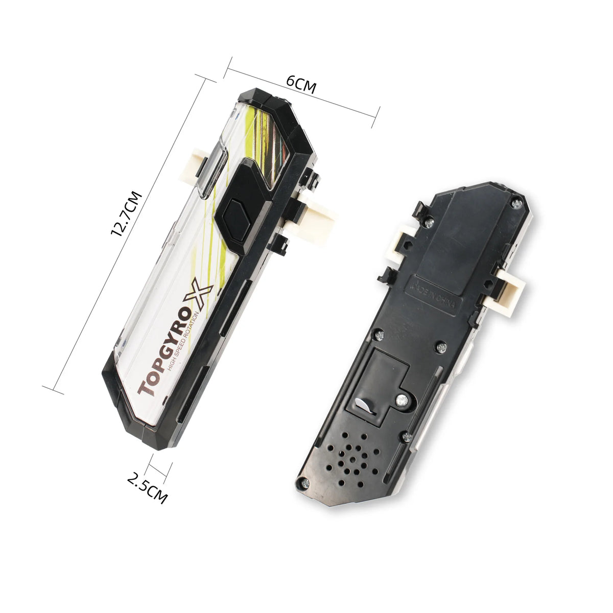 A black Beyblade Burst BX Series Gyro Launcher accessory with dimensions marked.