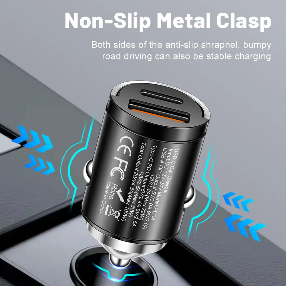 100W Dual Port Car Charger with USB-C & USB-A Fast Charging