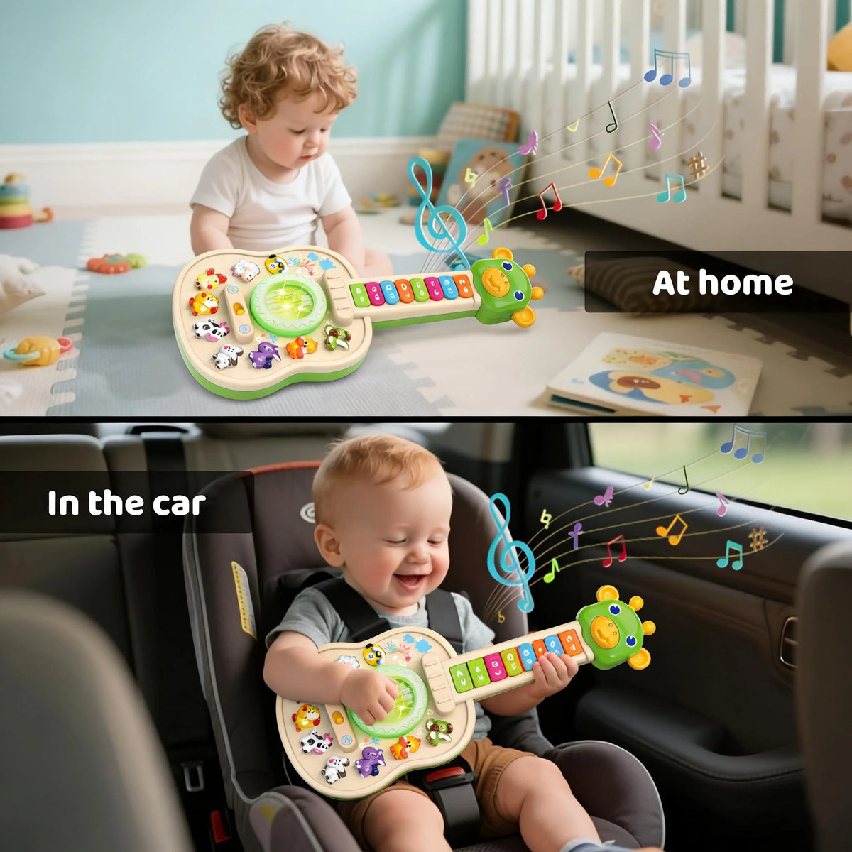 Un tout-petit joue une guitare à sons d'animaux éducative dans un salon, avec des notes musicales flottantes autour de l'inst