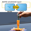 A hand is using a DIY windshield repair kit with a needle to fix chips and cracks in glass.