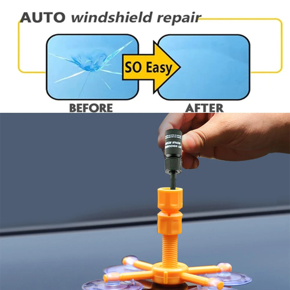 A hand is using a DIY windshield repair kit with a needle to fix chips and cracks in glass.