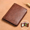 A brown slim PU leather card holder wallet for men resting on a tan surface.