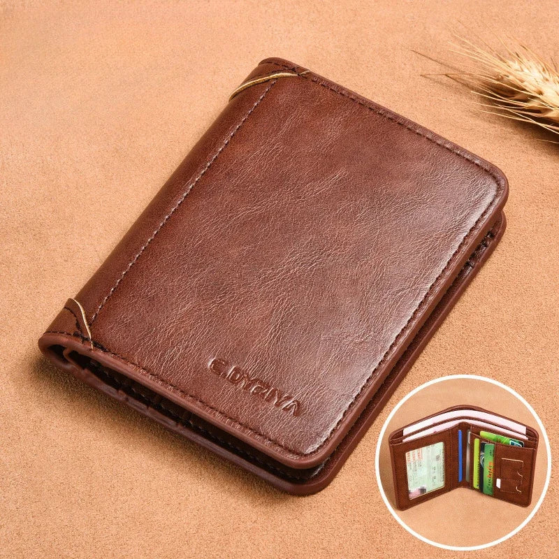 A brown slim PU leather card holder wallet for men resting on a tan surface.
