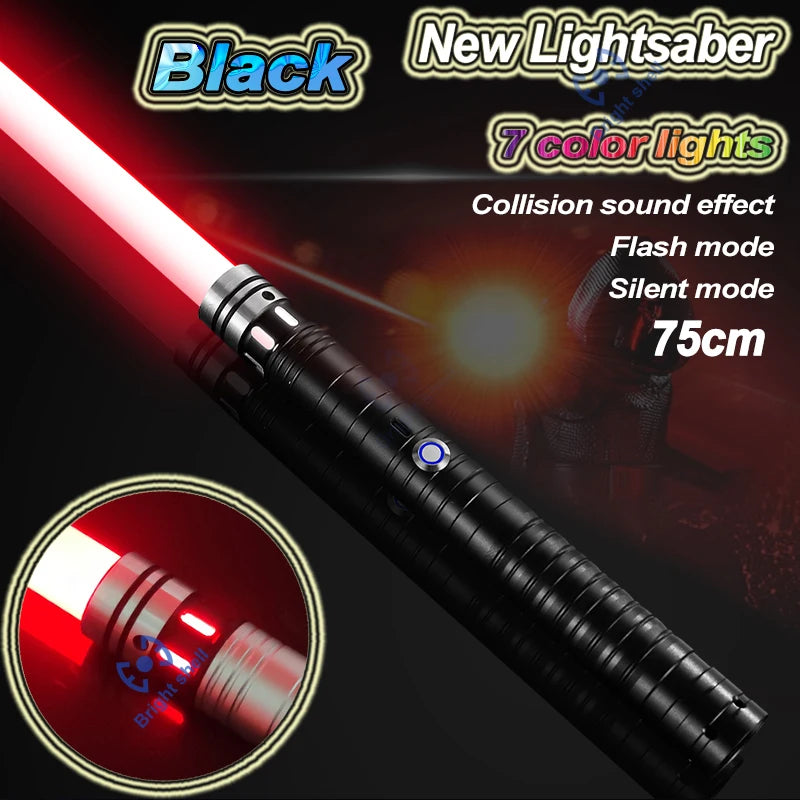 A black lightsaber with 7 color lights and a 75cm length shown against a dark background.
