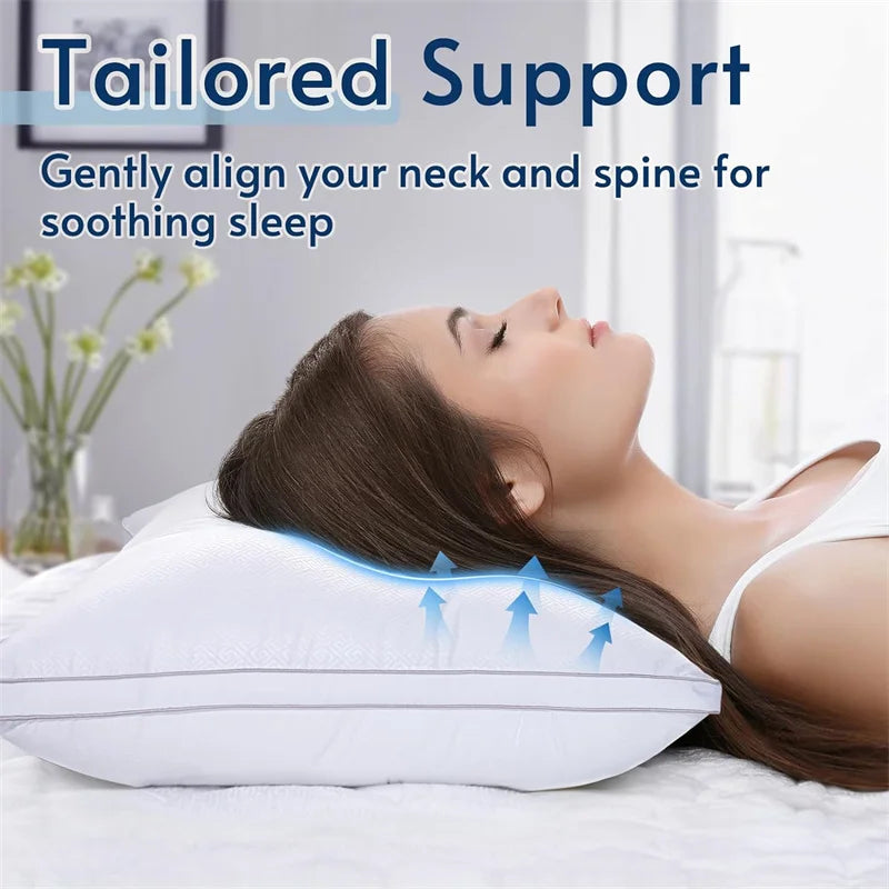A woman rests her head on a white pillow featuring blue alignment points for soothing sleep.