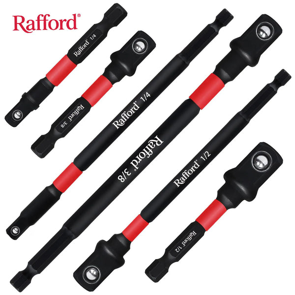 Un jeu d'adaptateurs de douille d'impact Rafford en noir et rouge, montrés en diagonale.
