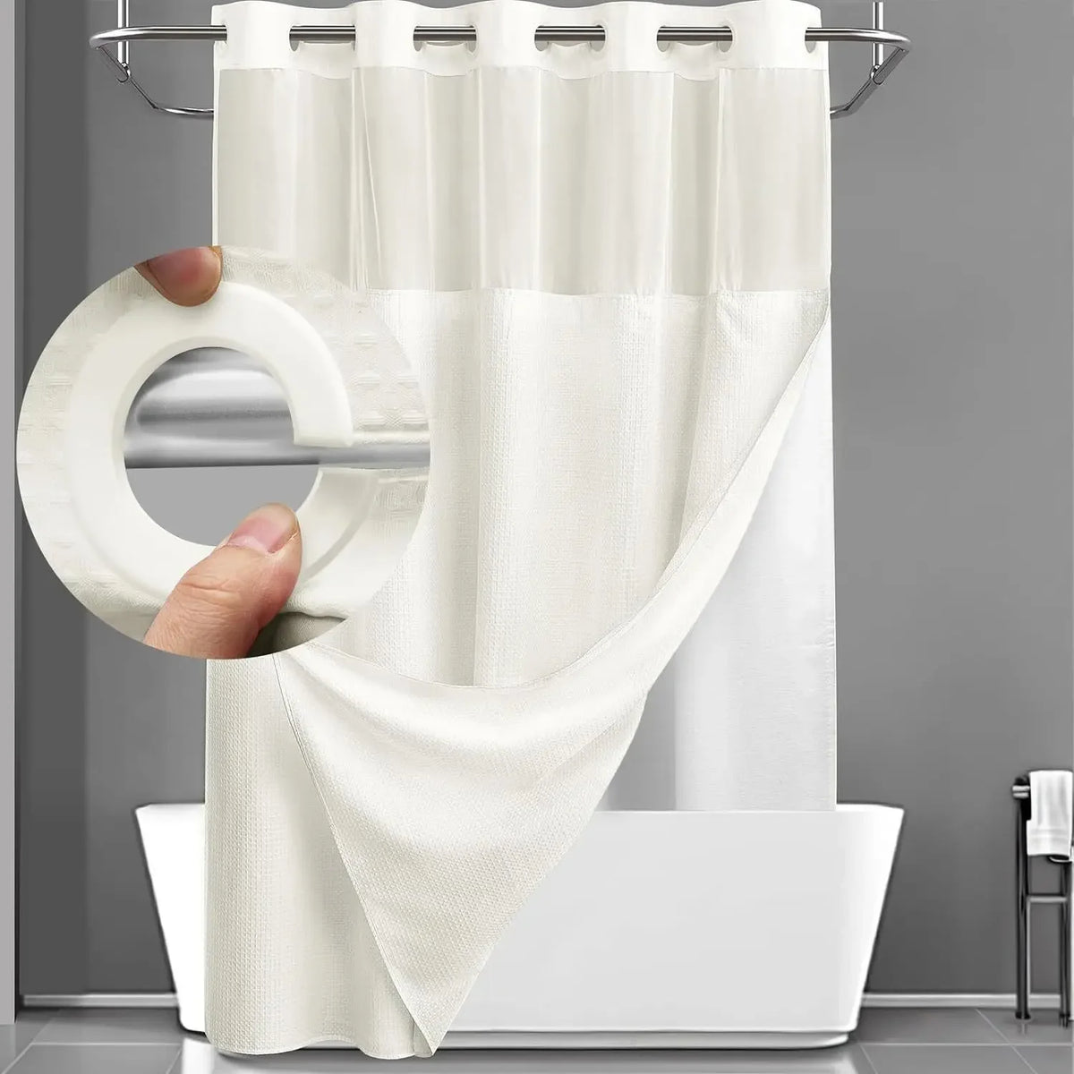 Double-Layer Waffle Shower Curtain with Built-in Snap Liner
