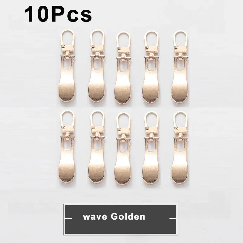 Ten pieces of wave golden metal zipper pull replacement sliders for luggage bags and jackets