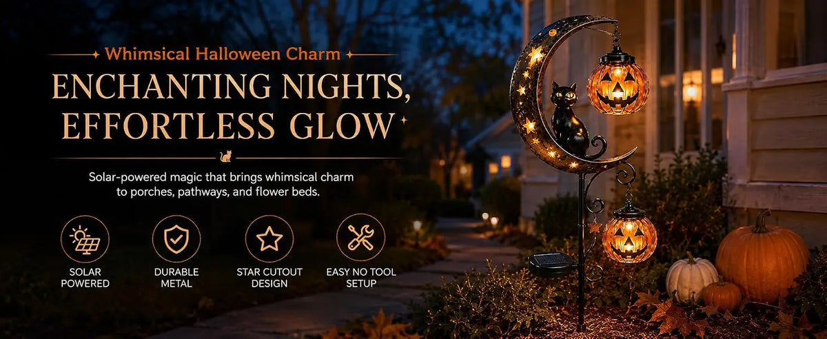 A solar-powered Halloween garden stake light featuring a black cat silhouette and an orange pumpkin lantern.