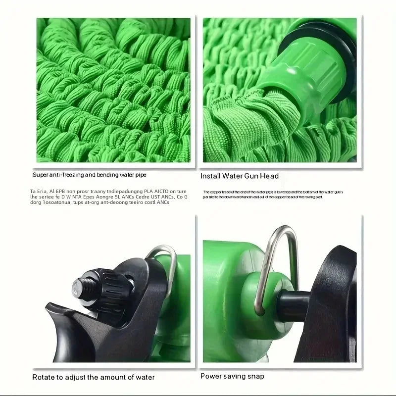 A green expandable magic hose with a water gun head and power saving snap shown in various angles.