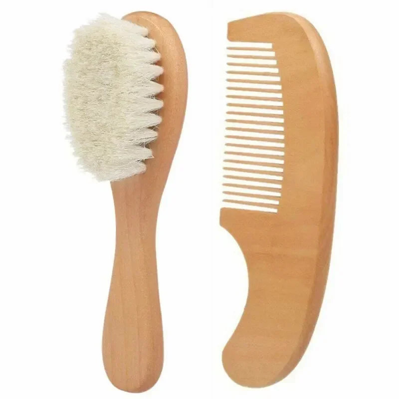 Natural Beech Wood Baby Brush and Comb Set with Soft Wool Bristles