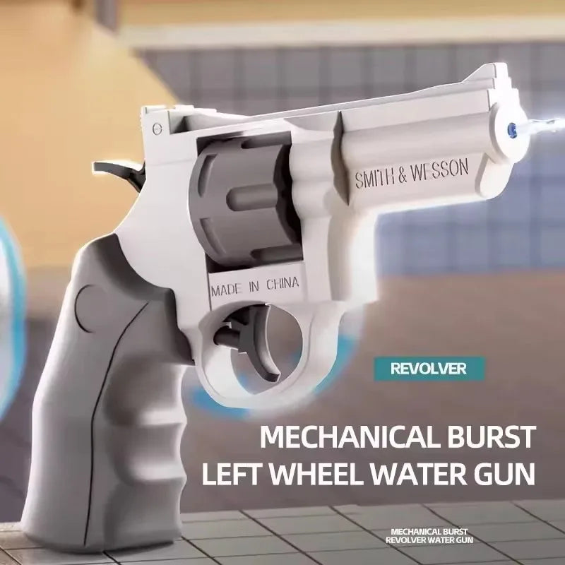 A white Smith & Wesson mechanical burst left wheel water gun is shown in a close-up view.