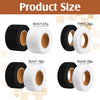 Various sizes of black and white iron-on hemming tape rolls shown with corresponding measurements.