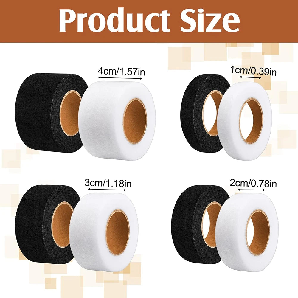 Various sizes of black and white iron-on hemming tape rolls shown with corresponding measurements.