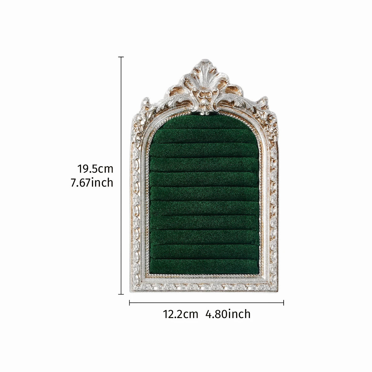 An arched resin jewelry display stand with a hand-painted floral design featuring dark green velvet lining and a silver frame