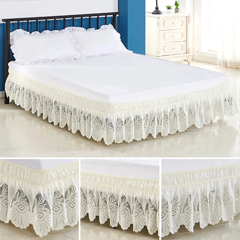 White jacquard lace bed skirt with an elastic band and a 15 inch drop