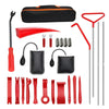 A kit of red and black emergency car door unlock tools including an air wedge, grabber, and various opening tools.