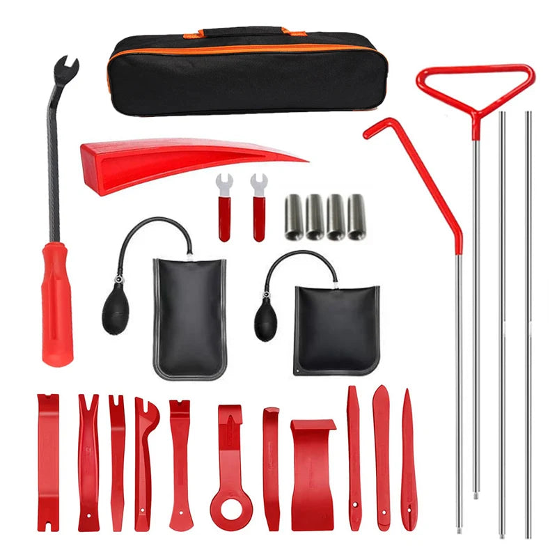 A kit of red and black emergency car door unlock tools including an air wedge, grabber, and various opening tools.