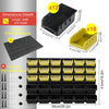 A set of wall-mounted storage bins in black and yellow plastic, including individual bins and a multi-tiered rack system.