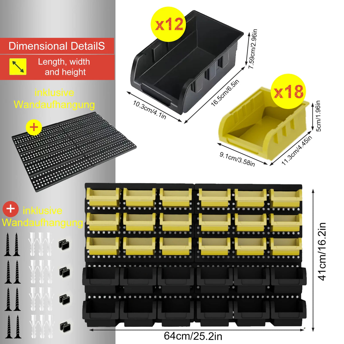 A set of wall-mounted storage bins in black and yellow plastic, including individual bins and a multi-tiered rack system.