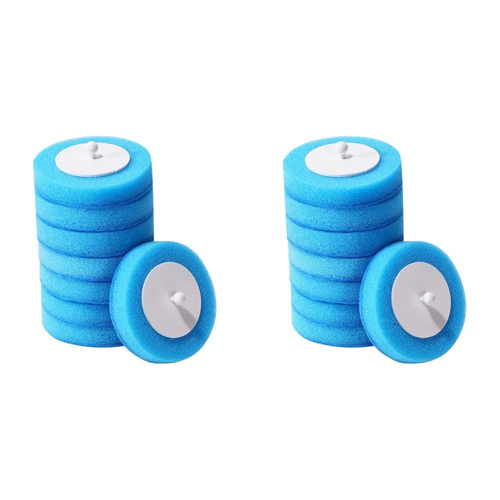 A set of blue foam disposable aromatherapy toilet cleaners with wall-mount holders.