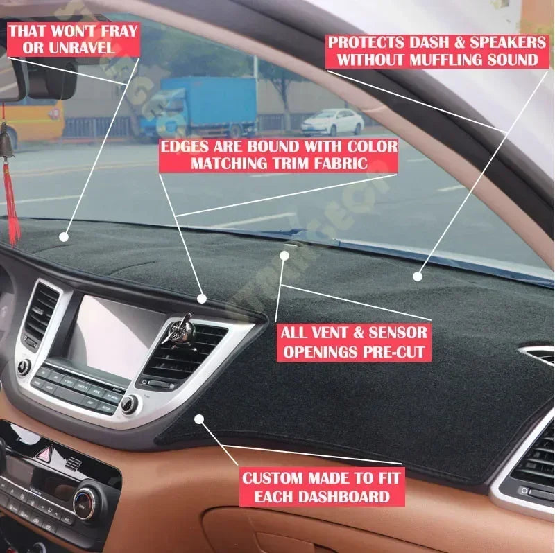 Anti-slip dashboard cover for a Lexus IS series vehicle showing various features like pre-cut openings and trim fabric edges.