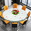 A round table set featuring an elastic-edged waterproof tablecloth and eight mustard yellow chairs in black and gold accents.