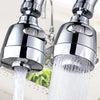 A close-up of a chrome kitchen faucet adapter with a rotating head and multiple flow settings pouring water.