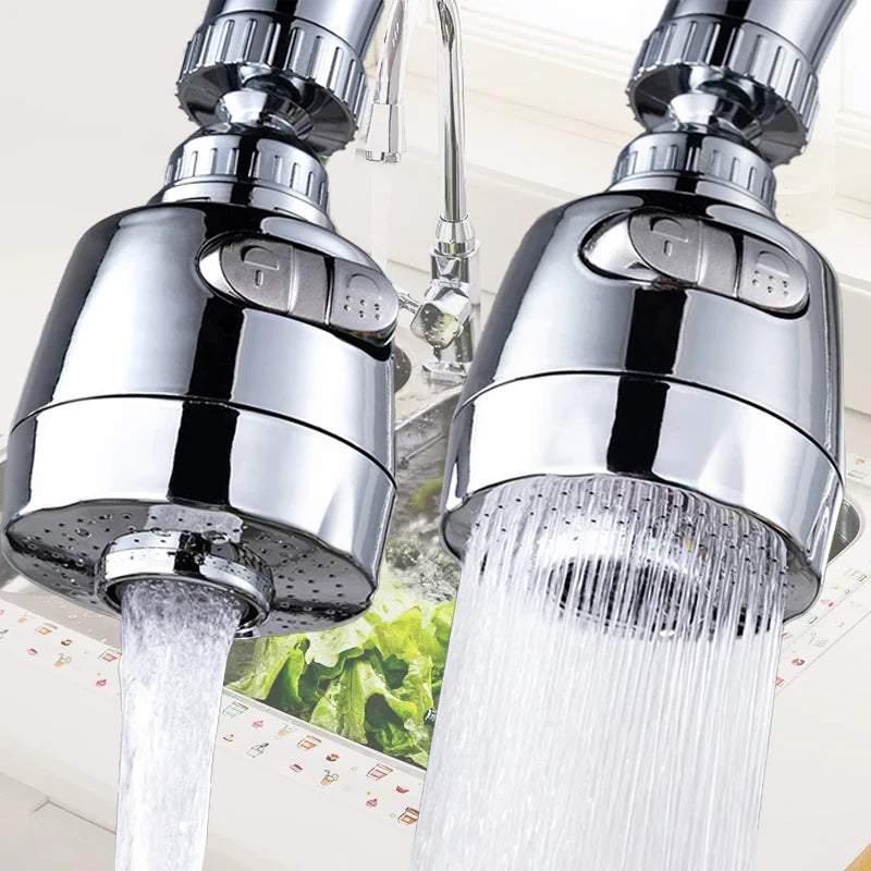 A close-up of a chrome kitchen faucet adapter with a rotating head and multiple flow settings pouring water.