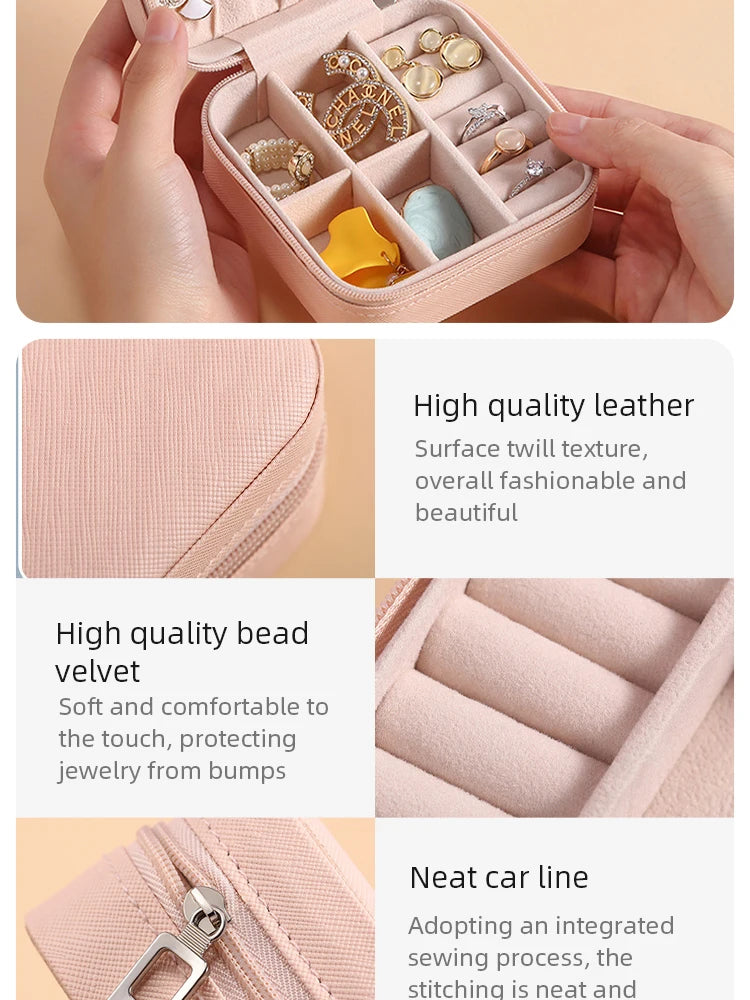 A pink PU leather jewelry storage box with multiple compartments and a neat car line stitching.