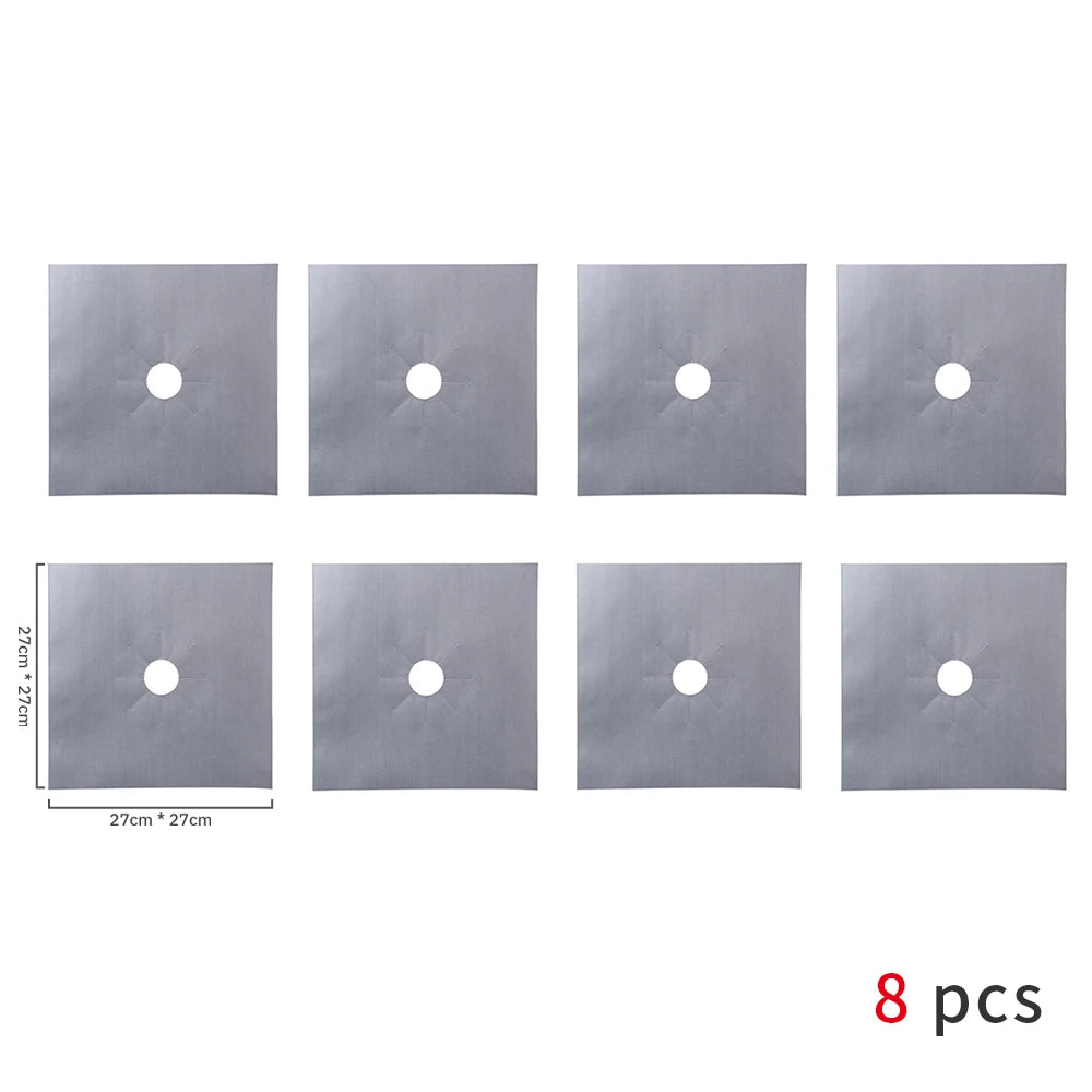Eight square gray reusable non-stick gas stove protector mats with circular holes.