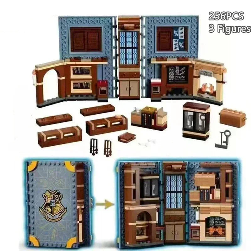 A set of six fantasy theme building blocks featuring a magical book and various architectural models.