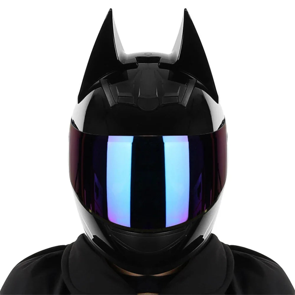 Black Bat Ear full face motorcycle helmet with blue light visor