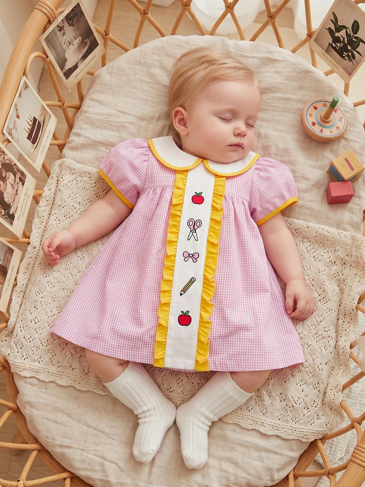 Girls Embroidered Plaid A-Line Dress with Peter Pan Collar